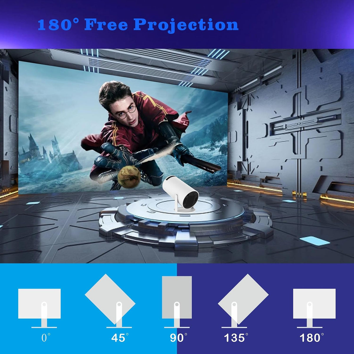 Mini Portable Projector, 180 Degree Flip, Round Design, Built-in Android Home Cinema Projector