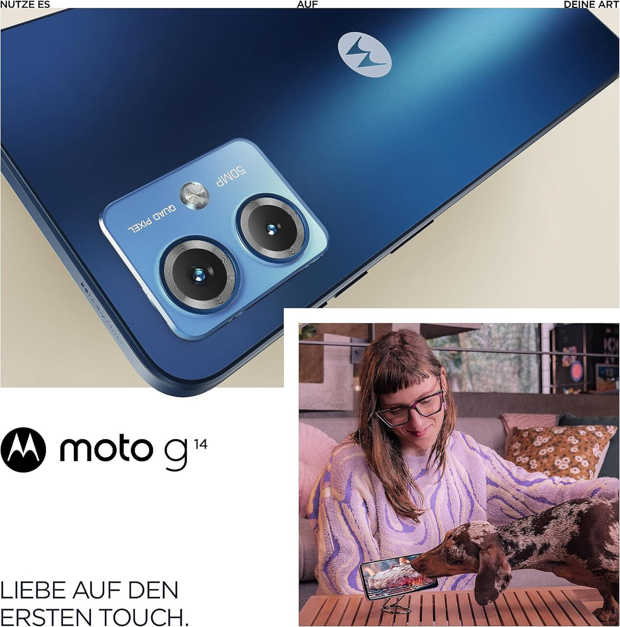 Motorola Moto g14 Smartphone (6.5 Inch (16.5 cm) FHD+ Display, 50 MP Front Camera, 4/128 GB, 5000 mAh, Android 13) Sky Blue, includes Protective Cover and Car Adaptor