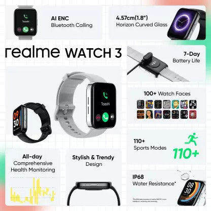 Realme Watch 3, Big dsplay of 1.8’’, 7 days battery, 110 sport modalities, Bluetooth Call without interruption, Black, One Size