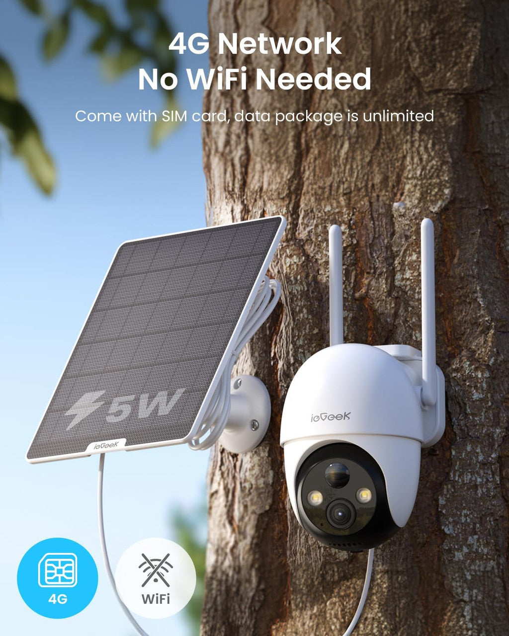 ieGeek 4G LTE Outdoor Surveillance Camera Battery with SIM Card, 2K Outdoor Solar Surveillance Camera with PIR Detection, 350°/90° Swivel, 15 m Colour Night Vision, 2-Way Audio, IP66