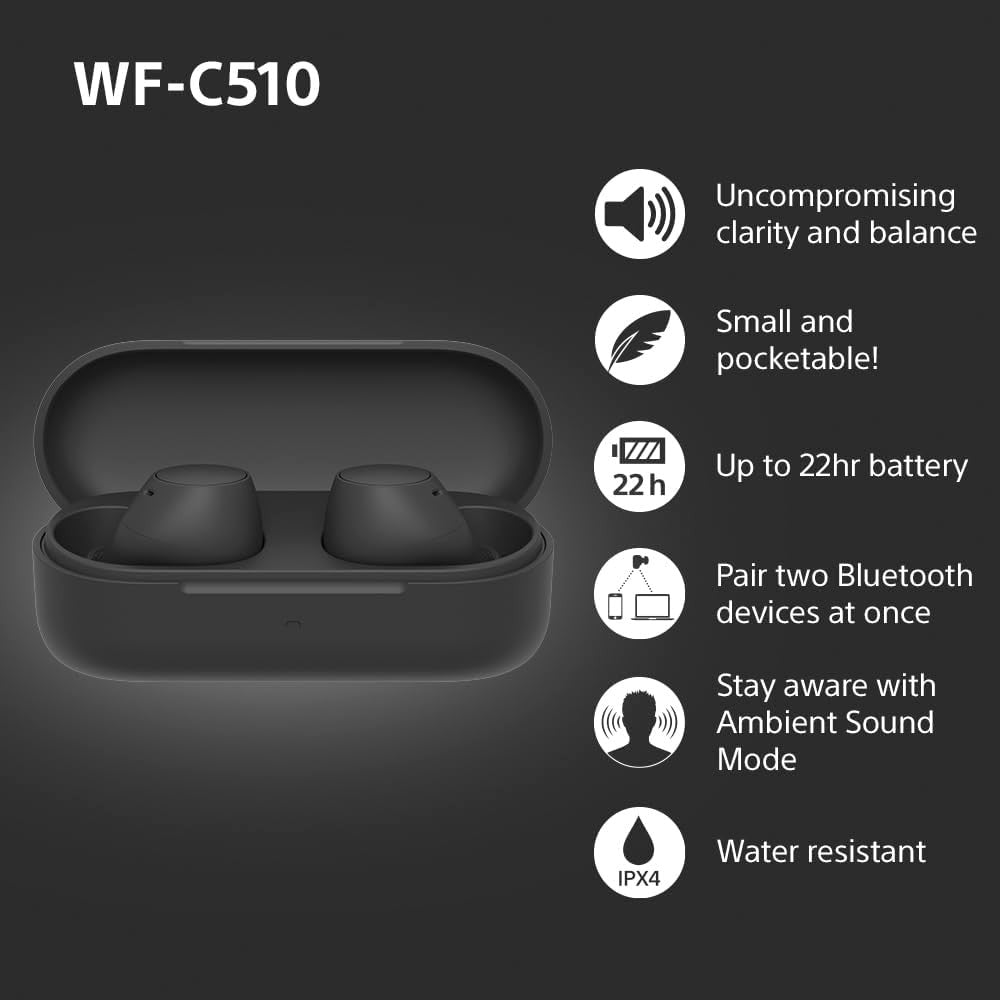 Sony WF-C510 Truly Wireless Earbuds – Small, Light, Bluetooth In Ear Headphones with Multipoint Connection, Ambient Sound, IPX4 Rating, Spotify Tap, Quick Charge, 22 HR Battery, iOS & Android - Black