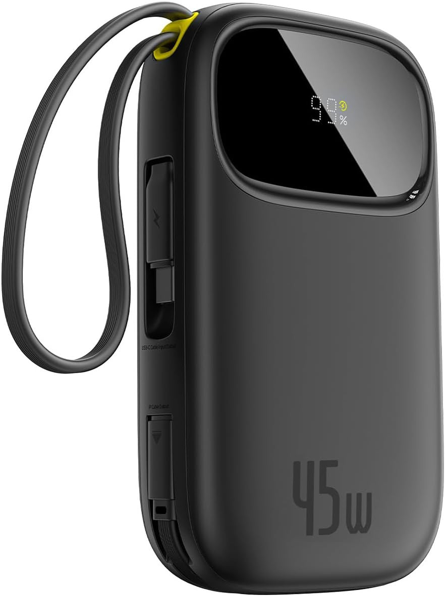 Baseus Powerbank 20000mAh 45W with Integrated USB-C Cable, Power Bank PD3.0 QC4.0 Fast Charging Battery Pack, 3 C and 1 A, Portable Charger for iPhone 17/Air/16/15/14 Pro Max, iPad, Galaxy, Black