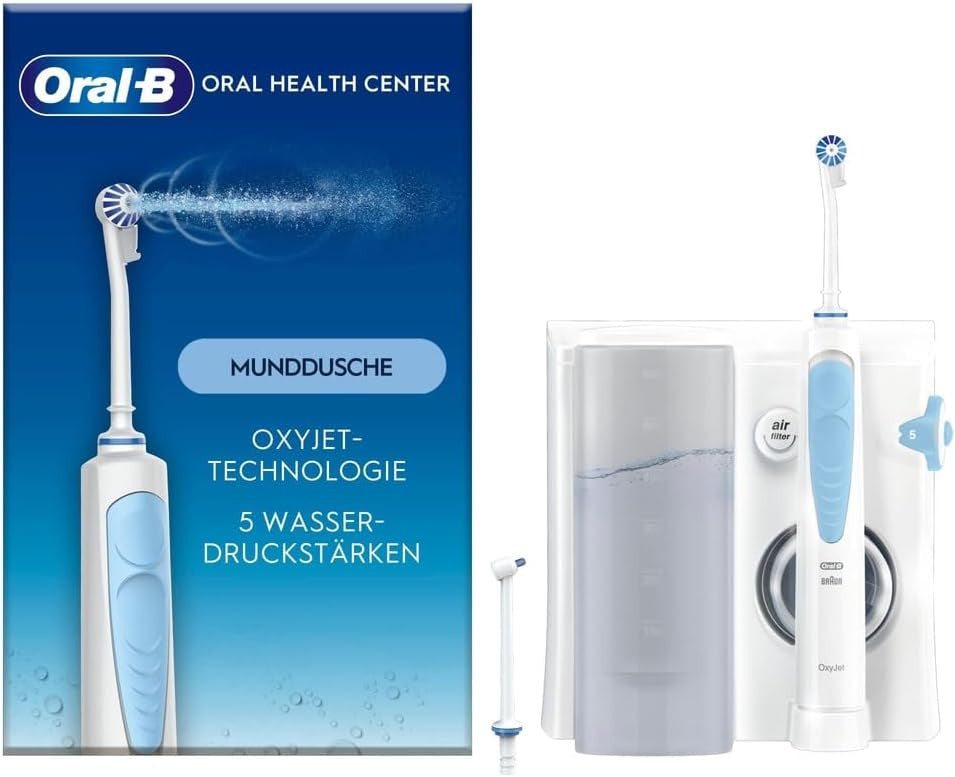 Oral-B Oral Health Center Dental Irrigator, Dental Jet, 1 Oxyjet Cannula, 1 Cannula Water Jet, 4 Water Jets and 5 Pressures, Interdental Cleaner and Dental Plate, Rechargeable