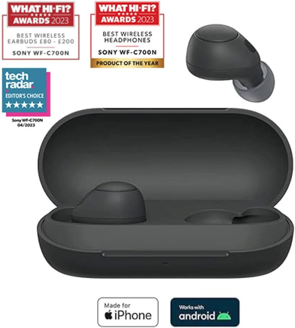 Sony WF-C700N Wireless, Bluetooth, Noise Cancelling Earbuds (Small, Lightweight Earbuds with Multi-Point Connection, IPX4 rating, up to 20 HR battery, Quick Charge, iOS & Android) Black