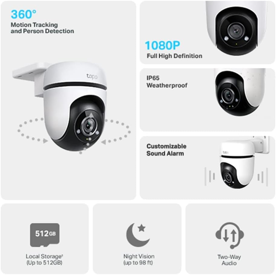 Tapo 1080p Full HD Outdoor Pan/Tilt Security Wi-Fi Camera, 360° Motion Detection, IP65 Weatherproof, Night Vision, Cloud &SD Card Storage, Works with Alexa&Google Home (Tapo C500) White