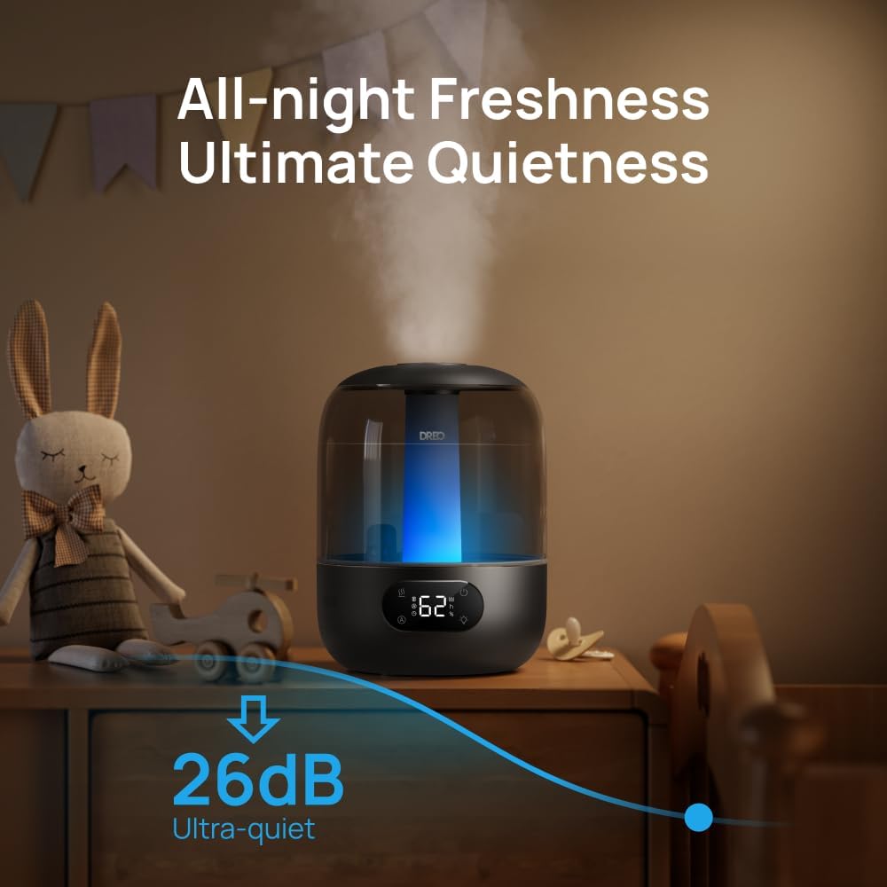 Dreo Humidifier for Bedroom with Sensor, 26dB Quiet Cool Mist Ultrasonic Humidifiers for Home, 360° Nozzle, 30H Runtime, Ambient Light Indicator, Essential Oil Diffuser, Room, Plants, Nursery, Black