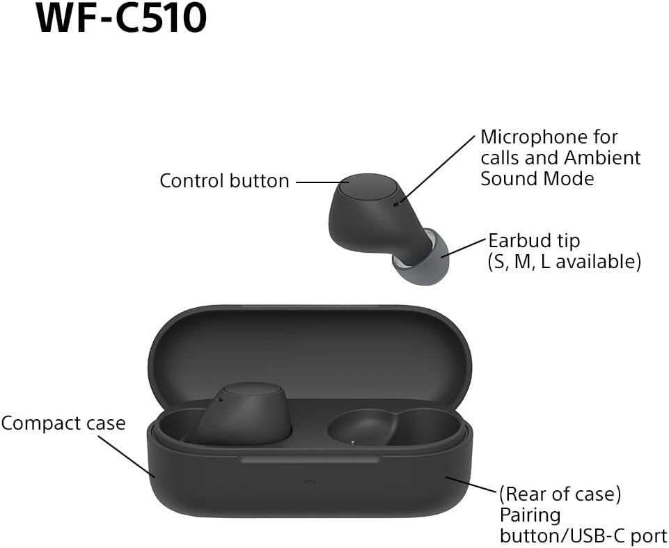Sony WF-C510 Truly Wireless Earbuds – Small, Light, Bluetooth In Ear Headphones with Multipoint Connection, Ambient Sound, IPX4 Rating, Spotify Tap, Quick Charge, 22 HR Battery, iOS & Android - Black