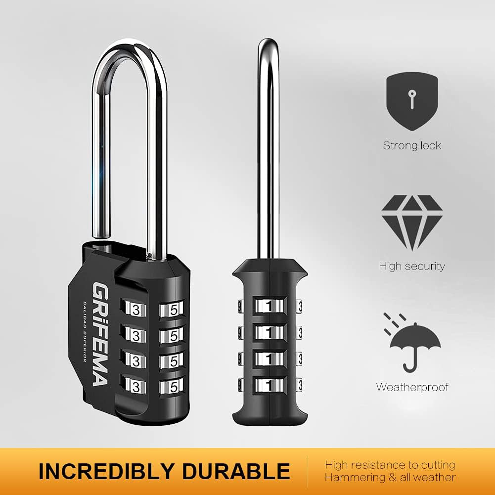 GRIFEMA 2 Pack Combination Lock 4 Digit with Long Shackle - Padlock Weatherproof Frost-Proof Lock with Combination Code Zinc Alloy Robust, Safe, Locks for Locker, Garage, Gate, School, Suitcase