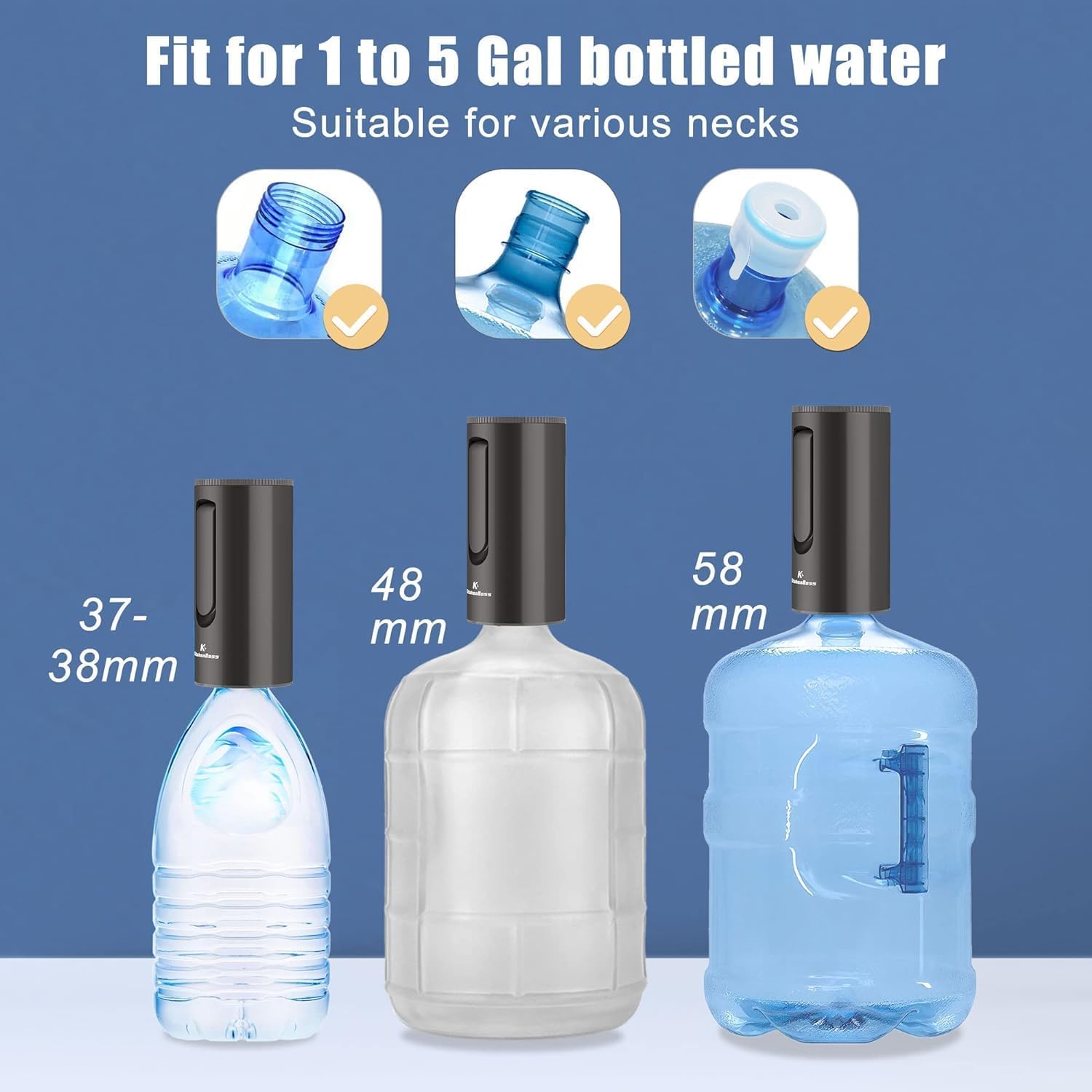 KitchenBoss Electric Water Dispenser: USB Charging 1-5 Gallon Pump Bottle