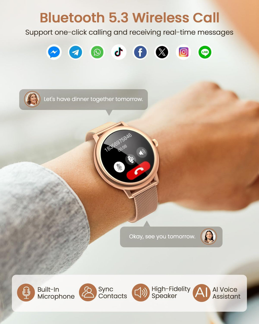 RUXINGX Women's Smart Watch G58, Round Elegant 1.19-Inch AMOLED Touch Screen, Smartwatch with Calls, Female Function, 120+ Sports Heart Rate Monitor SpO2 Sleep Pedometer Android iOS Christmas Gift Gold