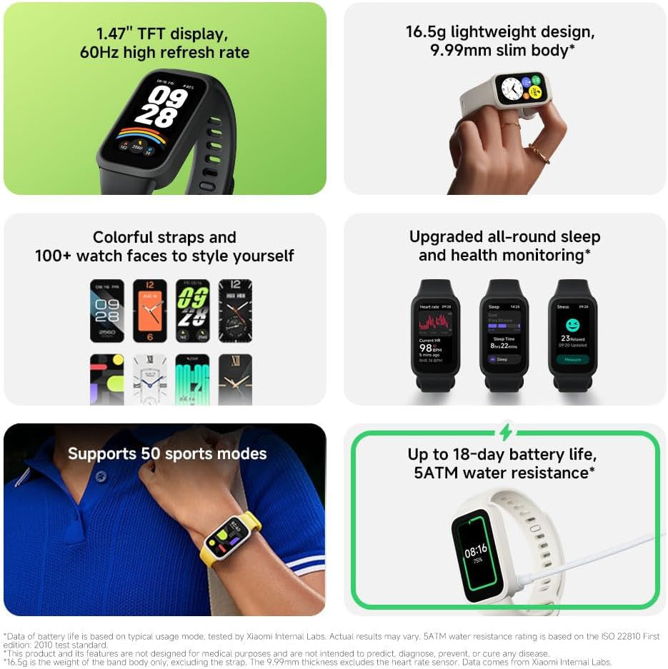 XIAOMI Smart Band 9 Active, Sports fitness tracker, 1.47'' TFT display, 60Hz high refresh rate, 18 Days Battery Life, sleep and health monitoring, 50 sports modes, 5ATM, iOS & Android, Black