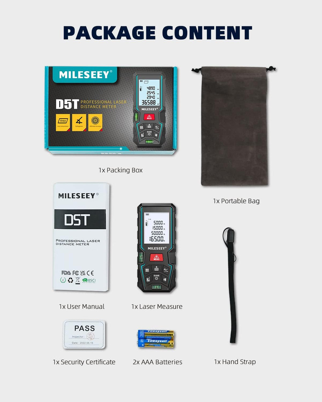 Laser Measure Device 50M, MiLESEEY Laser Distance Meter With 2 Spirit Level Bubbles, ±2mm Accuracy, 2 inch LCD Backlight, Pythagorean Mode, Measure Distance, Area/Volume Calculation