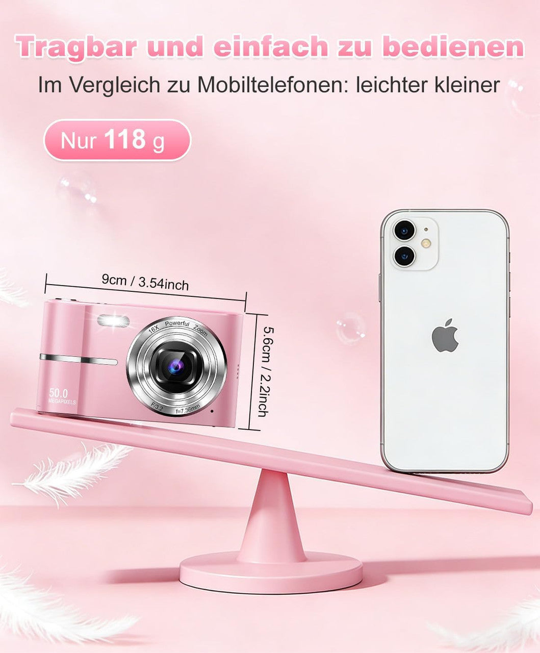 Digital Camera 50MP Photo Camera 1080P Video Camera with 16X Digital Zoom, 2.4 Inch Screen Vlogging Camera Mini Compact Camera for Children Teenagers 8G Card (Pink)