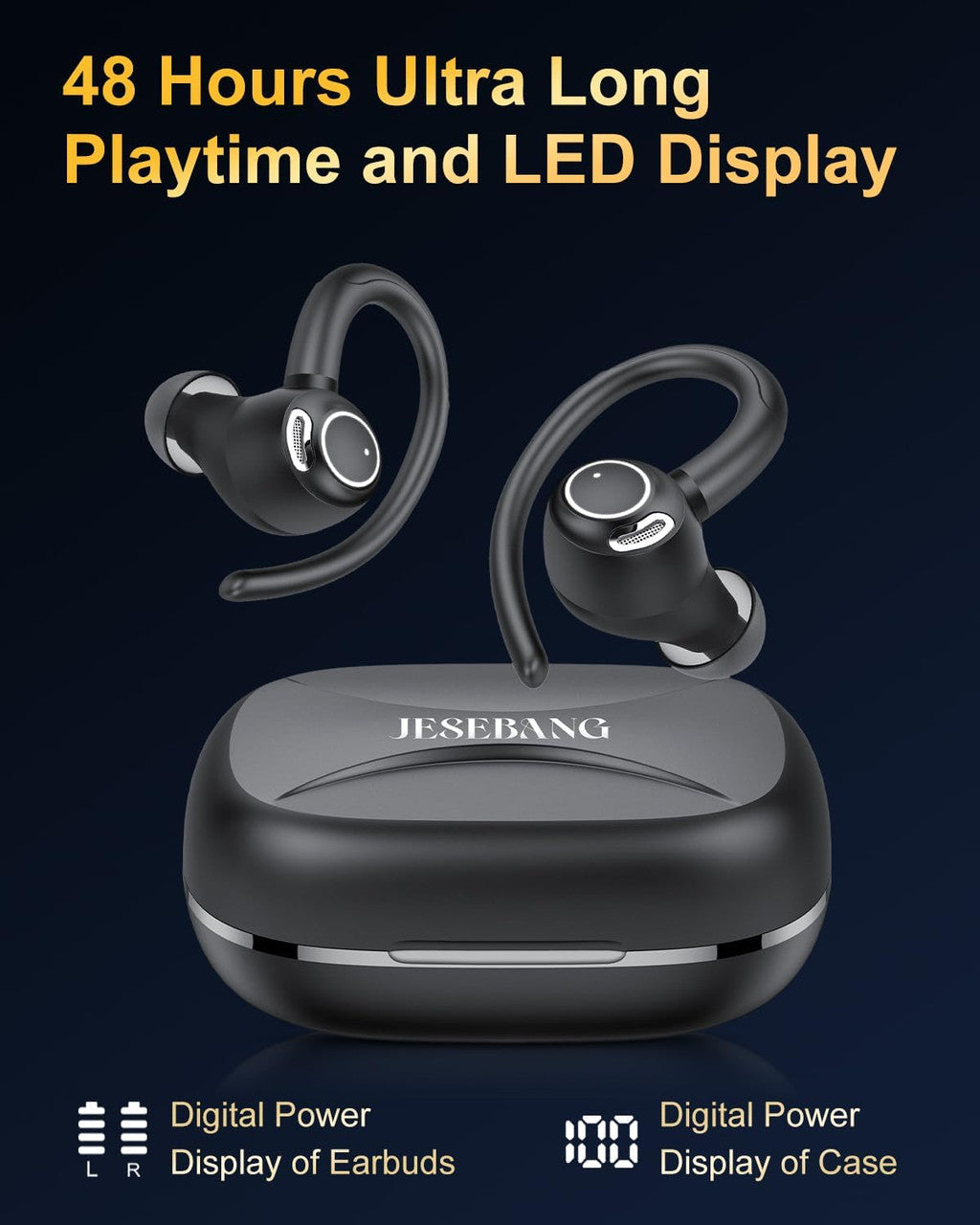 Jesebang Wireless Earbuds, Bluetooth 5.3 Headphones, 2024 Wireless Earphones HiFi Stereo Sound with ENC Mic, Sport Headsets in Ear EarHooks for Running, 40H Dual LED Display, IP7, Black