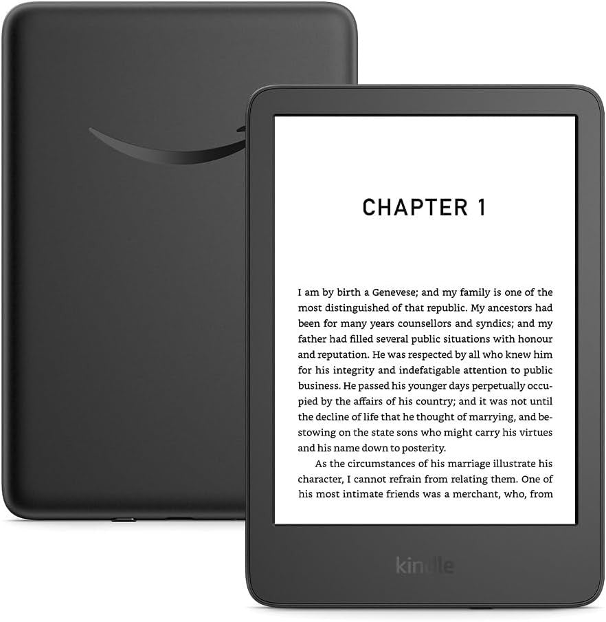 Amazon Kindle (newest gen) – Lightest and most compact Kindle with glare-free display, faster page turns, adjustable front light and long battery life – 16 GB – With Ads – Black