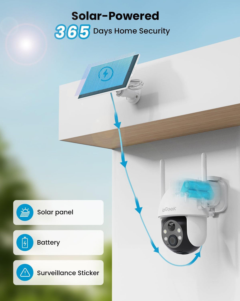 ieGeek 2K Solar Security Camera Outdoor Wireless, 360° Pan Battery Camera with Solar Panel, Wifi CCTV Camera Systems, Color Night Vision, PIR Motion Detection, 2-Way Audio, Works with Alexa
