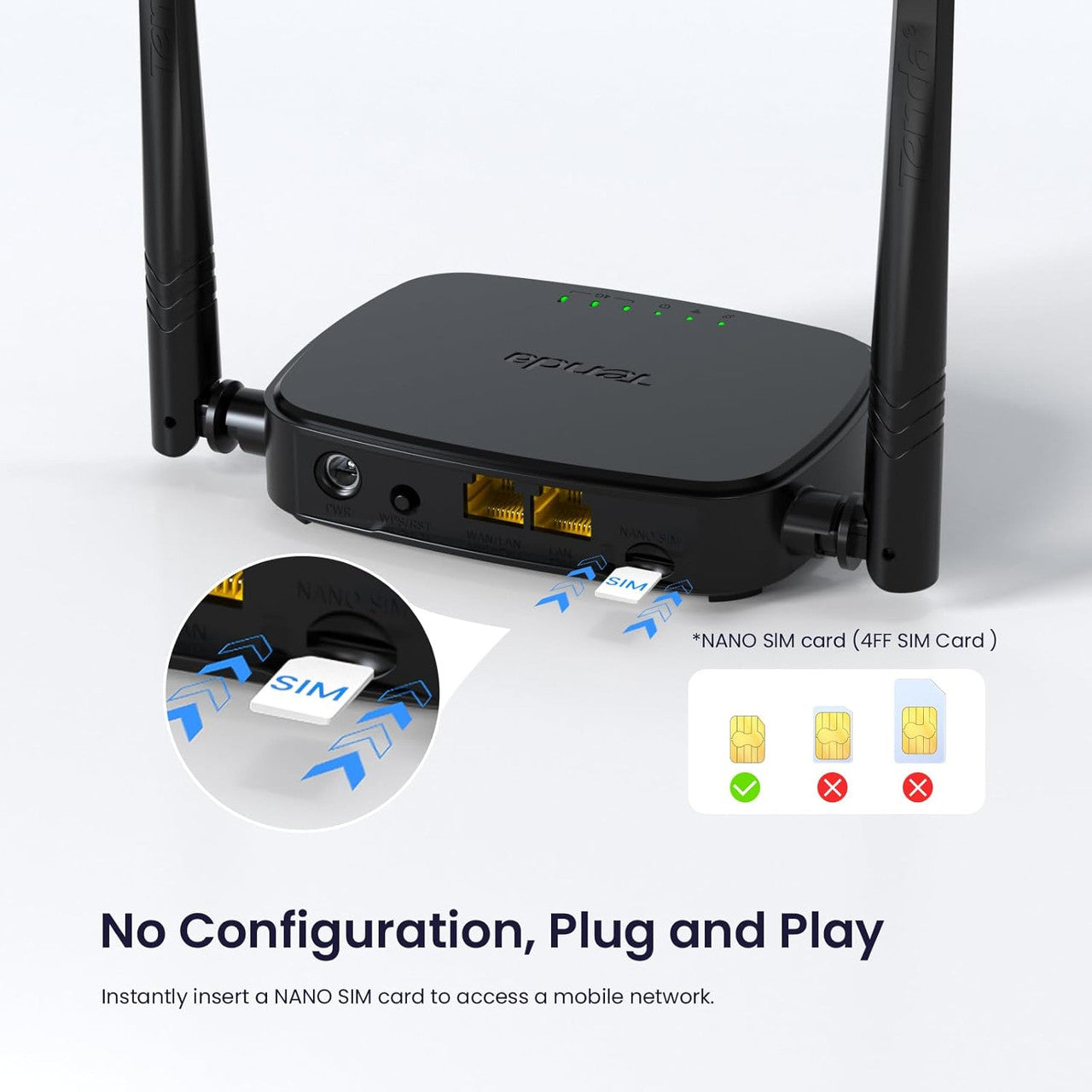 Tenda Router 4G SIM 4G03 Pro - Mobile WiFi Router 3G/4G Wireless Band 2.4 GHz 300Mpbs, LTE Cat4 150Mpbs, Fast Ethernet LAN/WAN Port, 2 * 4dBi External Antenna, NANO SIM Card, Plug and Play