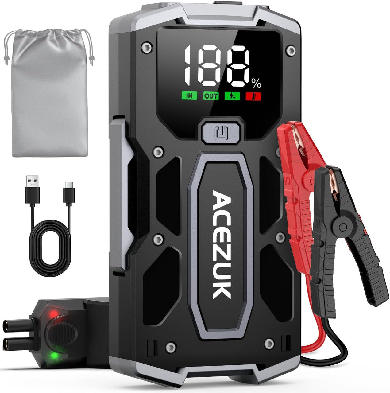 ACEZUK Jump Starter with Display (M01) (Compatible with up to 7.0L Gasoline and 5.5L Diesel Vehicles), 12 V Car Engine Starter, Emergency Start Car, Power Bank Function, LED Light Included