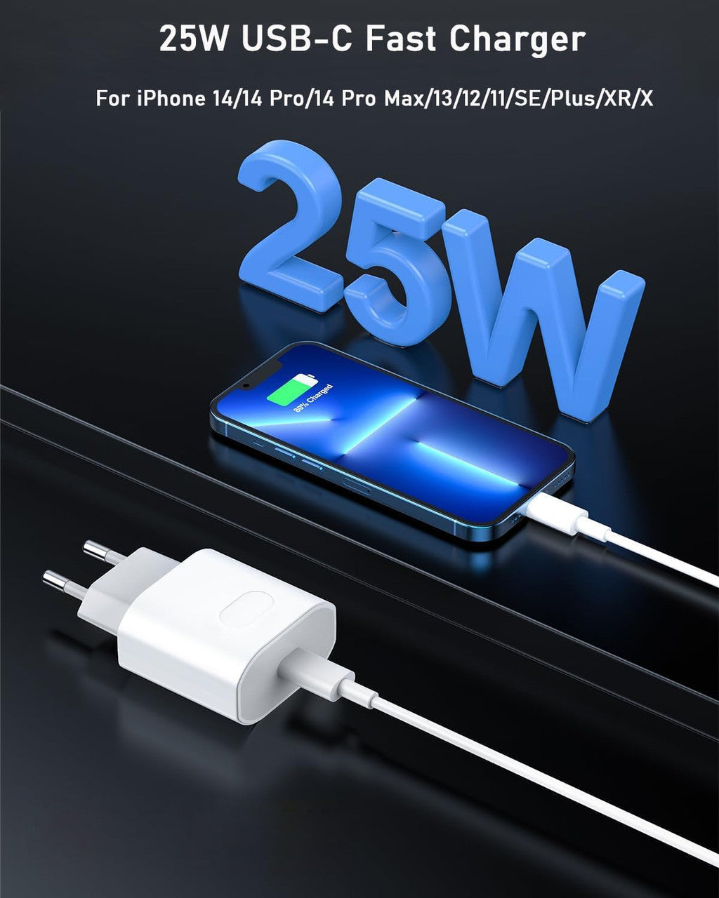 25 W Fast Charger Charging Cable for iPhone 14 13 12 11 Pro Max Plus SE Mini Xr X XS, USB C Charger 2 m Fast Charging Cable Plug Power Adapter