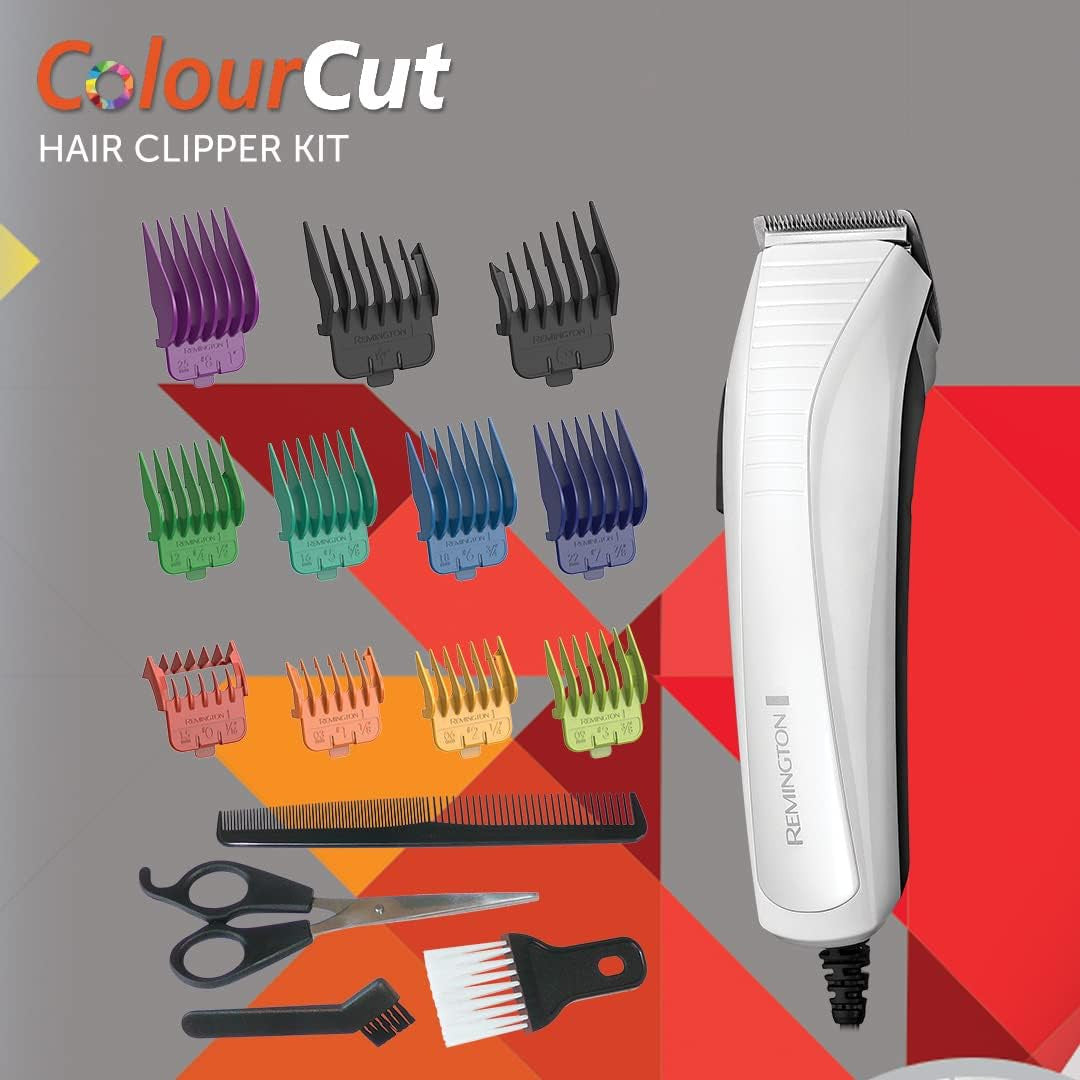 Remington Colour Cut Hair Clippers Kit (Corded, Stainless Steel Self-Sharpening Blades, Comfort Tip Blades, Taper Lever (0.5-2mm), 9 Colour Coded Combs (1.5-25mm), Scissors & Comb)
