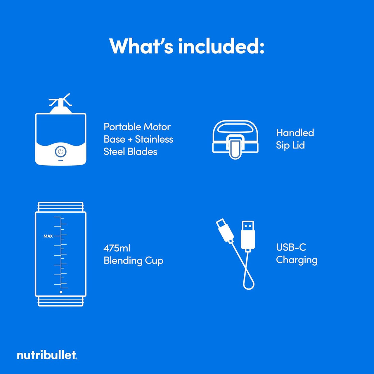 nutribullet Portable Mixer, 475 ml BPA-Free Tritan Cup, Mini Blender with 4-Point Stainless Steel Blade, Multifunctional Mixer, USB-C Charger, 15+ Mixing Processes, NBP003B