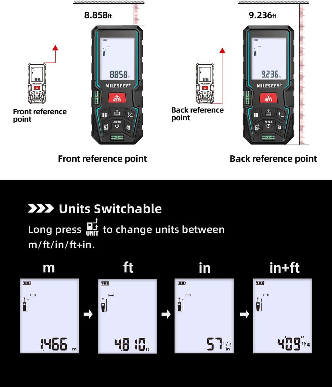 Laser Measure Device 50M, MiLESEEY Laser Distance Meter With 2 Spirit Level Bubbles, ±2mm Accuracy, 2 inch LCD Backlight, Pythagorean Mode, Measure Distance, Area/Volume Calculation