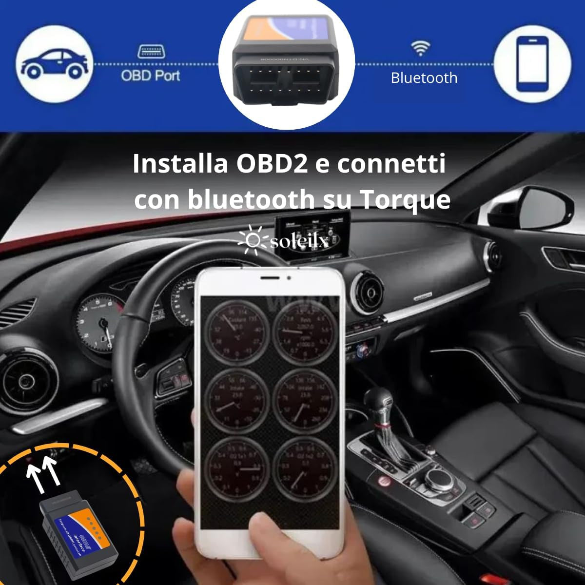 OBD2 Bluetooth ELM327, Car Diagnostic Equipment, OBD2 Scanner, Car Diagnostics, Multi-Brand OBD Car Diagnostics, Compatible with iOS, Android and Windows Devices
