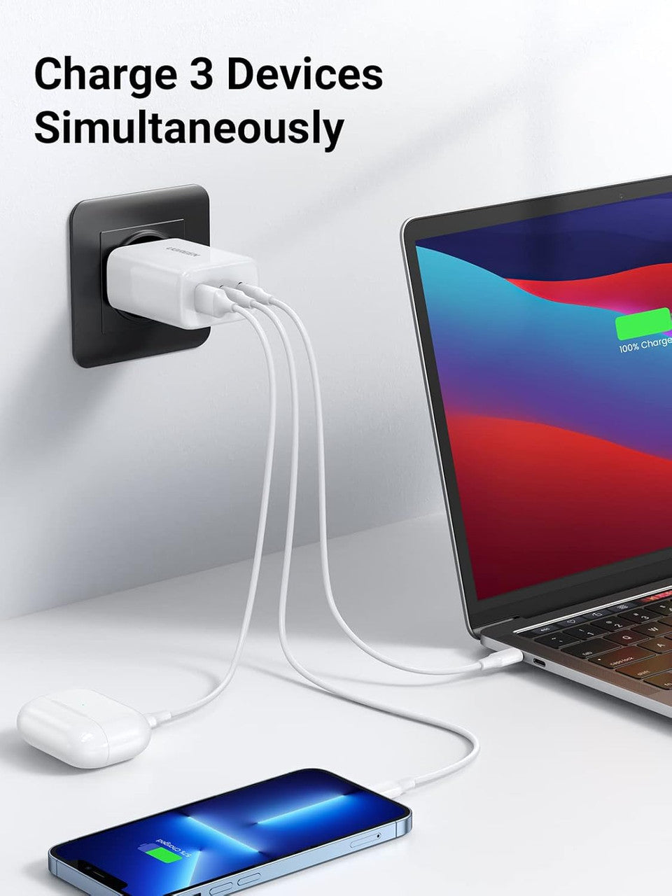 UGREEN 65W USB C Fast Charger 3 Ports Compatible with MacBook Pro Air M3 M2 M1 iPhone 15 Plus Pro Max 14 13 12 11 X Galaxy S24 Ultra Plus S23 Pixel 8 Pro 7a 6a iPad Pro Air Dell XPS 13 (White)