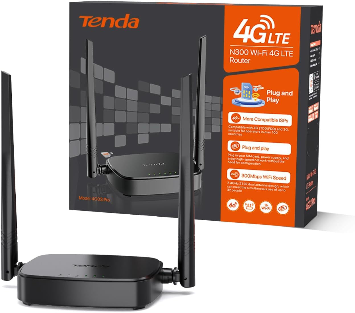 Tenda Router 4G SIM 4G03 Pro - Mobile WiFi Router 3G/4G Wireless Band 2.4 GHz 300Mpbs, LTE Cat4 150Mpbs, Fast Ethernet LAN/WAN Port, 2 * 4dBi External Antenna, NANO SIM Card, Plug and Play