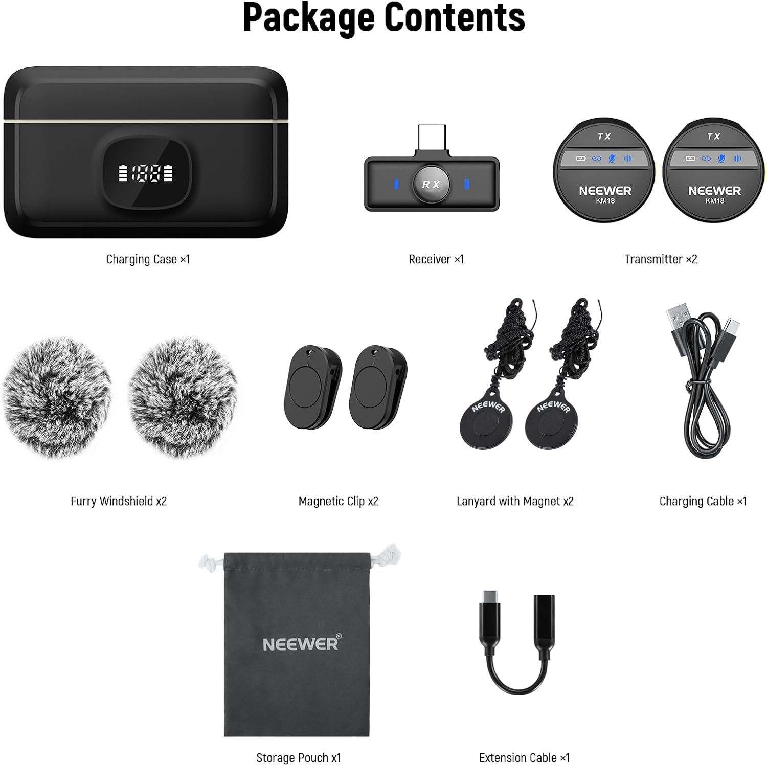 NEEWER Wireless Lavalier Microphone for iPhone Noise Cancelling Mini Lapel Mic Set with USB C OTG Charging Case 24H Battery 200m Long Range Compatible with iPhone 16 15 Android Phone PC Laptop, KM18