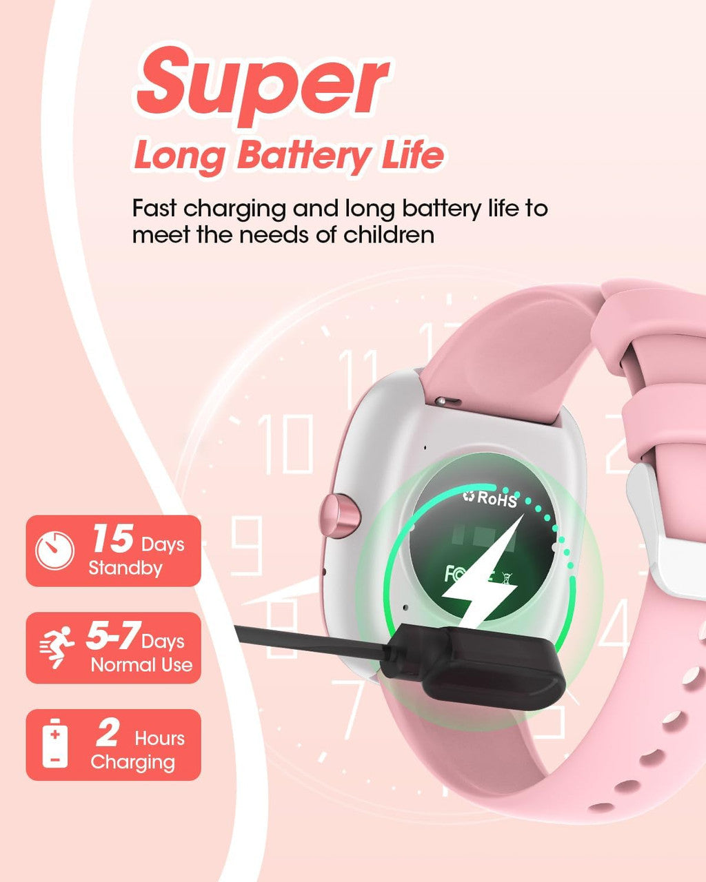 TotsyFun Children's Smartwatch for Boys and Girls, IP68 Waterproof Fitness Activity Tracker Watch, Heart Rate, Sleep Monitor, Pedometer, Alarm Clock, Children's Gifts for Teenagers from 5 Years, Pink