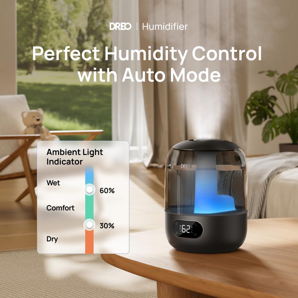 Dreo Humidifier for Bedroom with Sensor, 26dB Quiet Cool Mist Ultrasonic Humidifiers for Home, 360° Nozzle, 30H Runtime, Ambient Light Indicator, Essential Oil Diffuser, Room, Plants, Nursery, Black