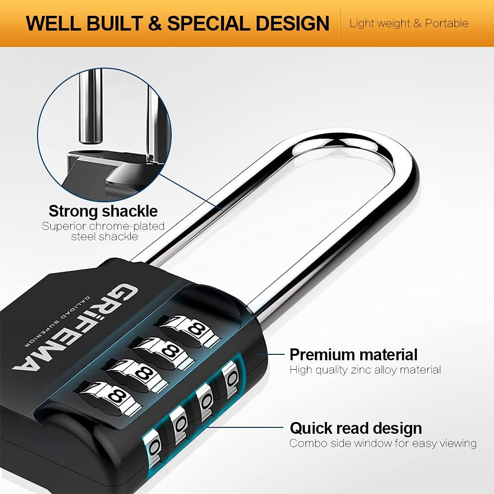 GRIFEMA 2 Pack Combination Lock 4 Digit with Long Shackle - Padlock Weatherproof Frost-Proof Lock with Combination Code Zinc Alloy Robust, Safe, Locks for Locker, Garage, Gate, School, Suitcase