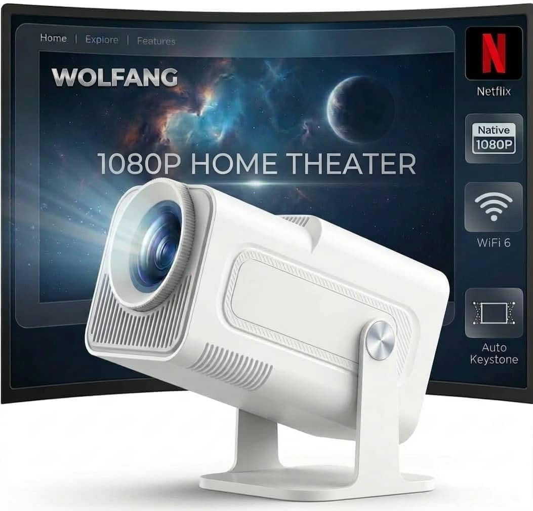 WOLFANG 4K Mini Projector【Built-in Apps/Official Netflix】, 26000 Lumen WiFi 6 Portable Projector with 50% Zoom, 180° Rotatable Smart Home Projector Compatible with TV Stick/iOS/Android/PC/PS5/HDMI/AV