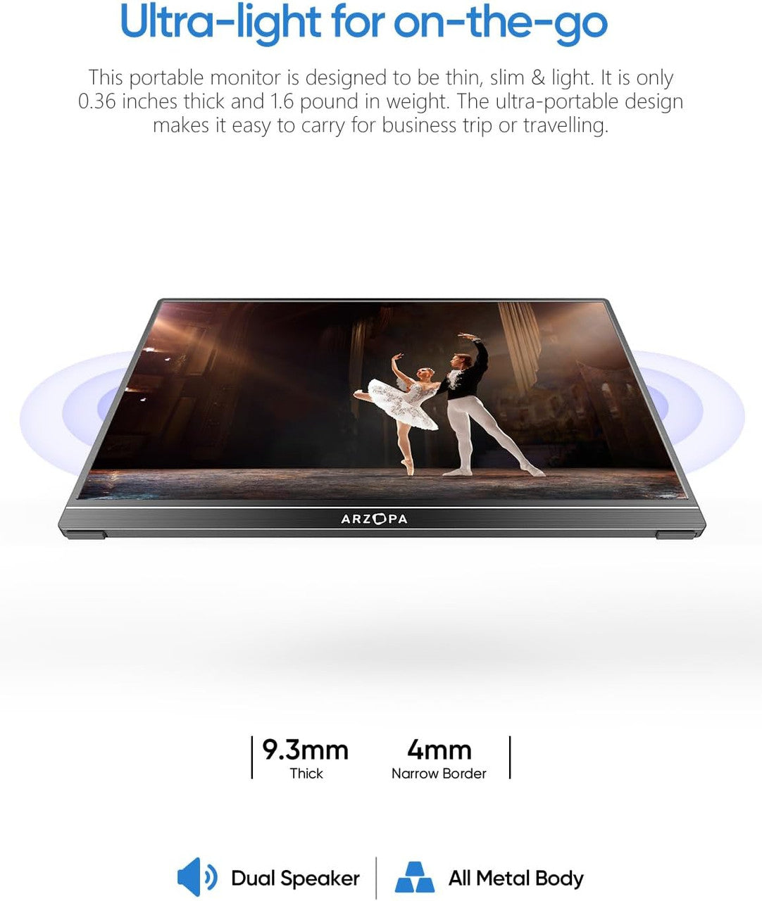 ARZOPA Portable Monitor, 15.6 Inch 1080 FHD Portable Monitor with External HDR Eye Care Screen and HDMI/Type-C/USB-C, for Laptop/PC/Mac/PS4/Xbox