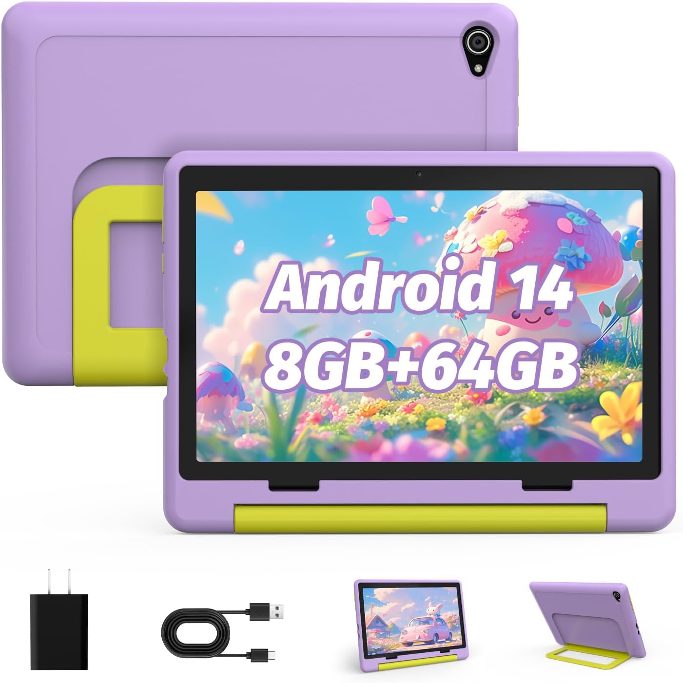 Yicty Children's Tablet, Upgraded Android 14 Tablet, 10 Inch for Children with Protective Case, Octa-Core, 8 + 64 GB 1TF Card Expandable, Dual Camera, Child Lock, Pre-installed KIDOZ, Perfect for kids