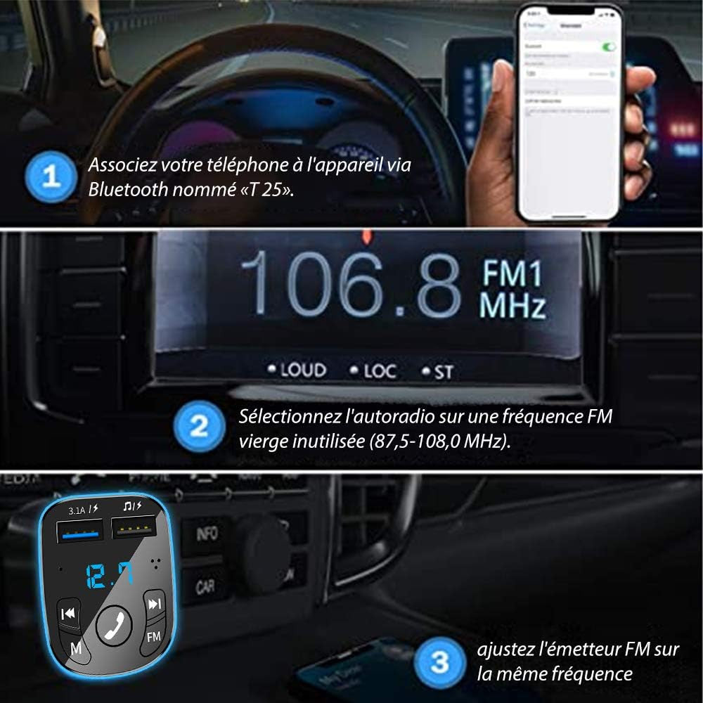 FM Transmitter Bluetooth Handsfree Car Charger Fast Charger with Dual USB Ports MP3 Player Wireless Radio Adapter Support TF Card/USB Flash Drive