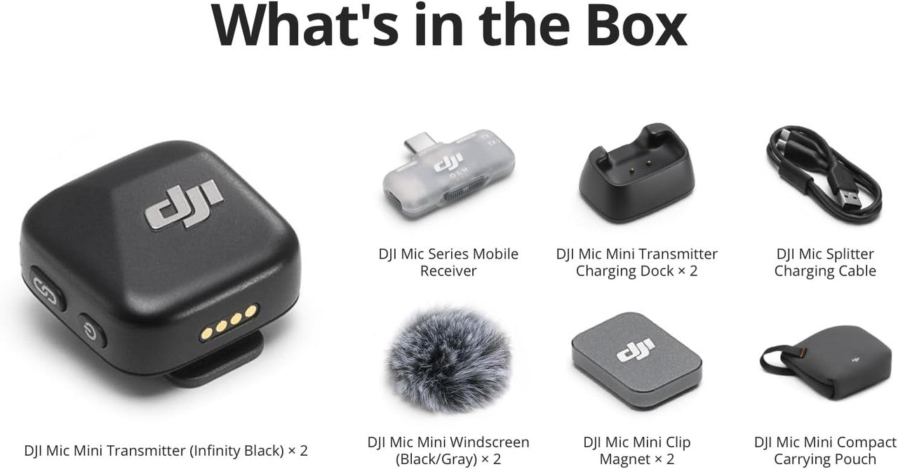 DJI Mic Mini (2 TX + 1 Mobile RX), Wireless Microphone for iPhone/Android, Plug and Play, Compact & Lightweight, Cross-Model Pairing, Premium Audio, Stable Transmission, Noise Cancelling