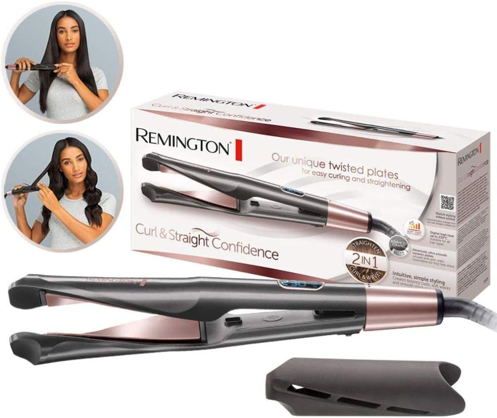 Remington Straightener & Curling Iron - Curl & Straight Confidence 2in1 Multistyler [Upgrade] (curved styling plates for straightening, curling & waves) 150-230 ° C, hair straightener S6606B