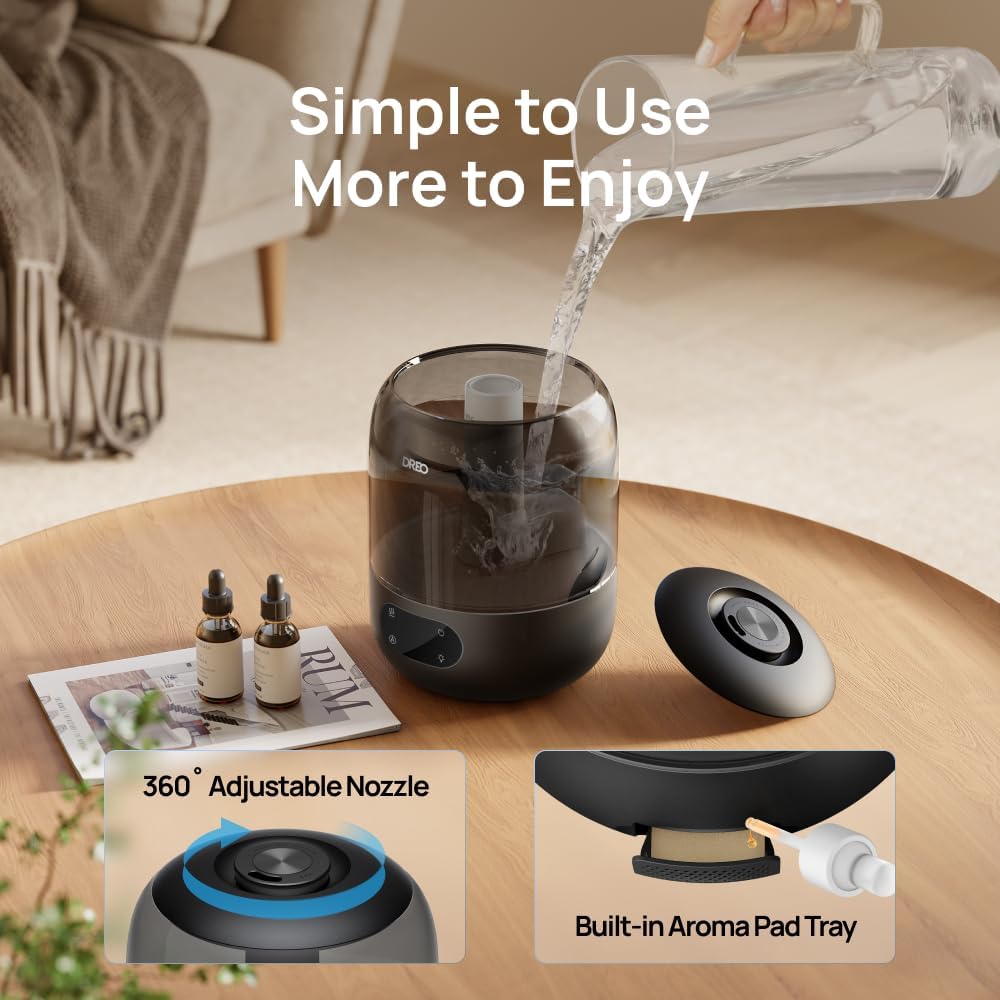Dreo Humidifier for Bedroom with Sensor, 26dB Quiet Cool Mist Ultrasonic Humidifiers for Home, 360° Nozzle, 30H Runtime, Ambient Light Indicator, Essential Oil Diffuser, Room, Plants, Nursery, Black