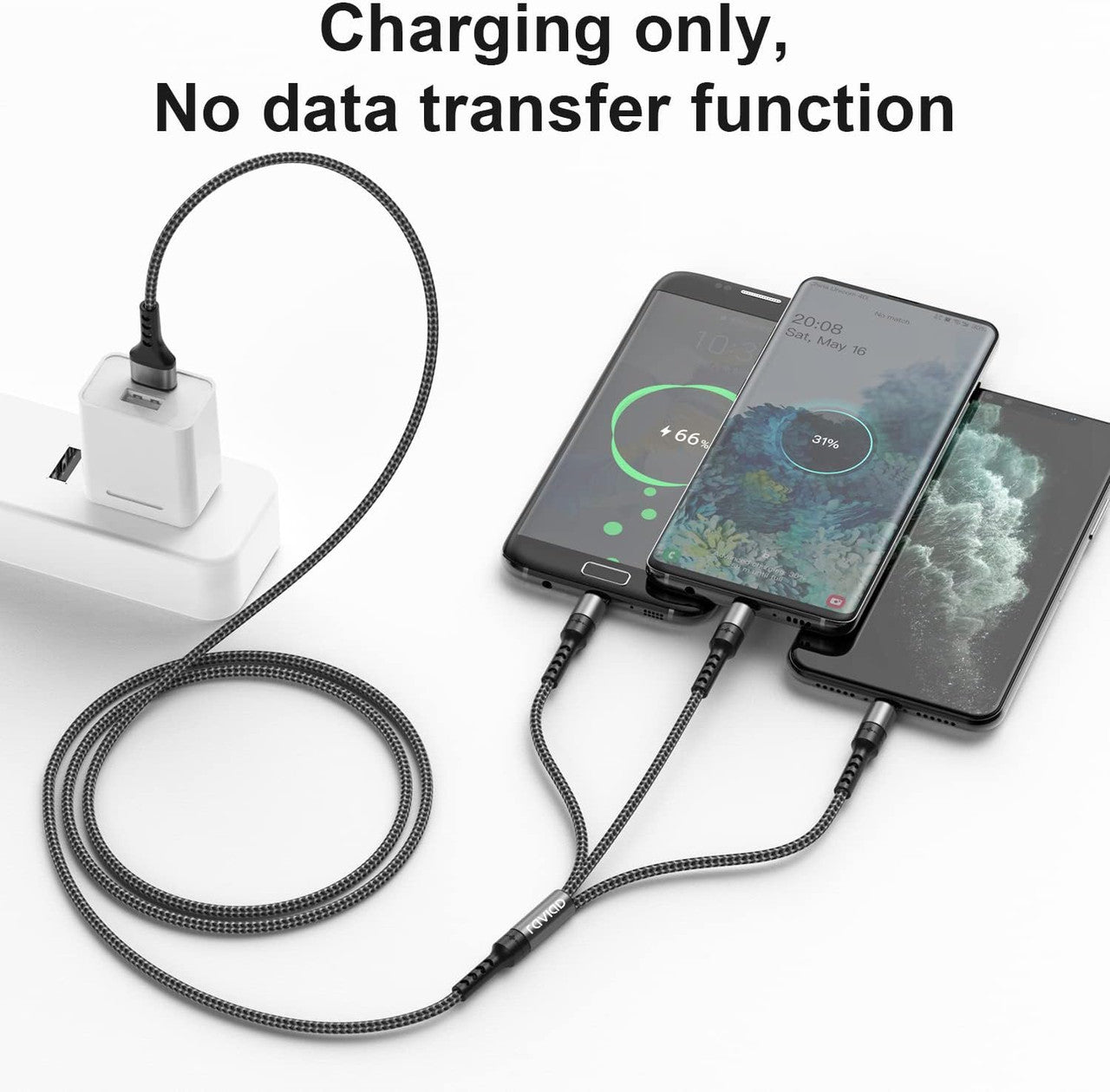 RAVIAD 3-in-1 Charging Cable, USB Cable, 3A Rapid Charging, USB Type C Cable, Micro USB Cable, Phone Charging Cable, Supports 3 Devices Simultaneously Charging, Compatible with All Phones, Android
