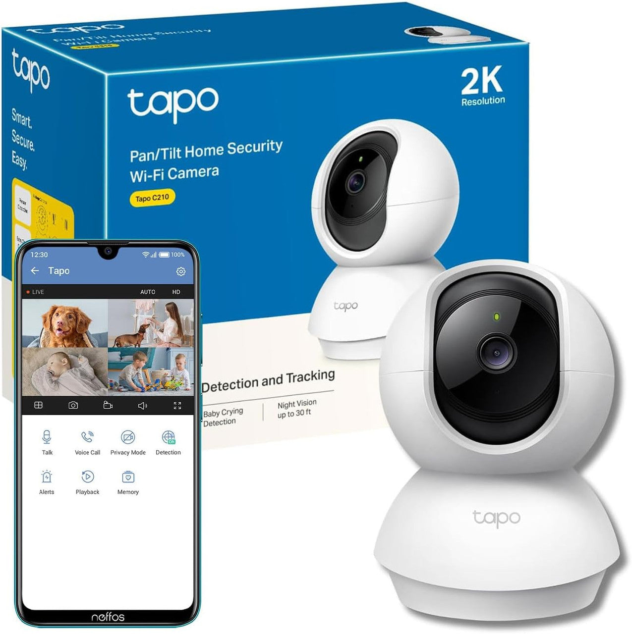 Tapo 2K Pan/Tilt Home Security Wi-Fi Camera, 360° horizontal and 114° vertical range,AI&Baby Cry Detection, 2way audio, Cloud &SD Card Storage up to 256 GB,work with Amazon Alexa&Google (Tapo C210P2)