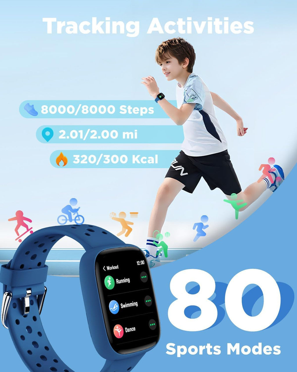 BIGGERFIVE Kids Smart Watch, 1.8" Fitness Watch Pedometer, Heart Rate, Sleep Tracker, IP68 Waterproof, Calorie Step Counter, Puzzle Games with/without APP for Girls Boys Teens 5-16, Blue