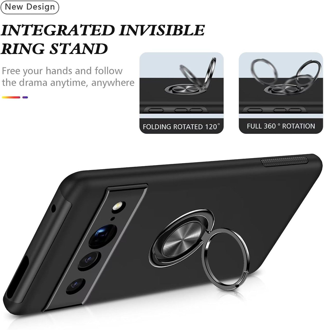Cover for Google Pixel 7 Pro (6.7 Inches) and 2 Tempered Glass Screen Protector Case with Ring Robust Durable Protective Case - Black