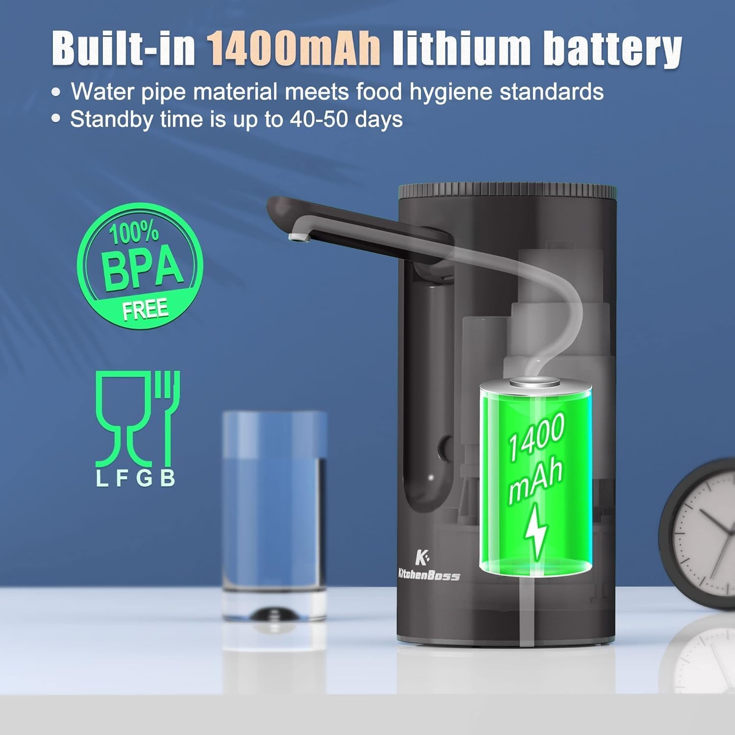 KitchenBoss Electric Water Dispenser: USB Charging 1-5 Gallon Pump Bottle