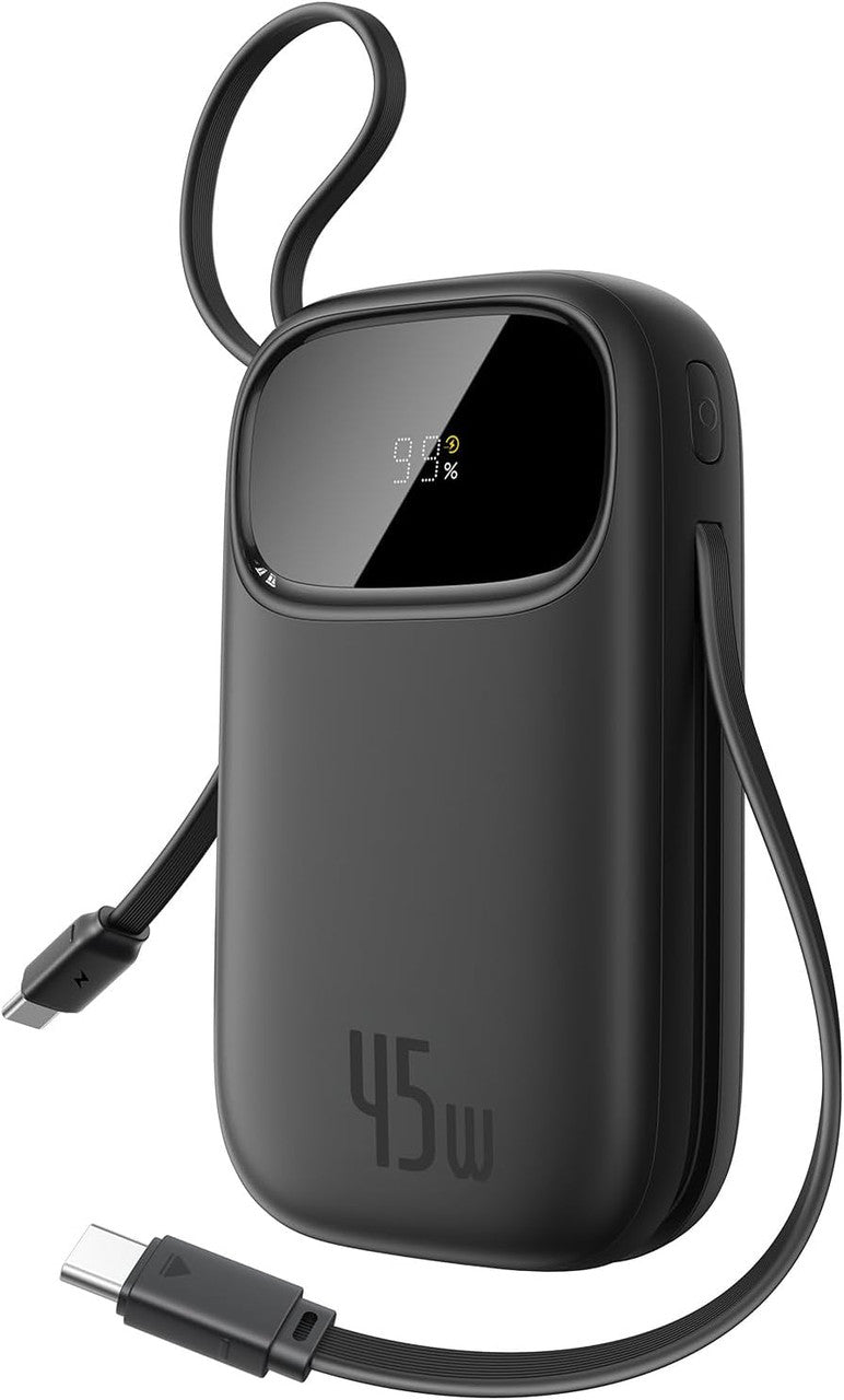 Baseus Powerbank 20000mAh 45W with Integrated USB-C Cable, Power Bank PD3.0 QC4.0 Fast Charging Battery Pack, 3 C and 1 A, Portable Charger for iPhone 17/Air/16/15/14 Pro Max, iPad, Galaxy, Black