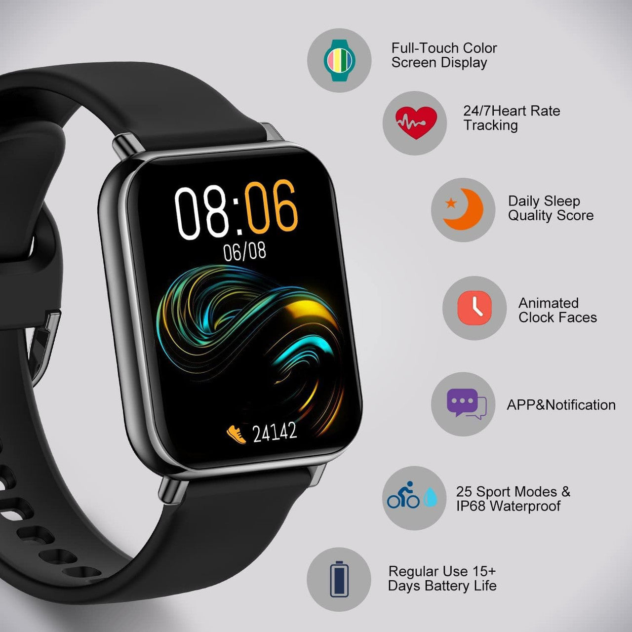 ASWEE Smart Watch, Fitness Tracker with 24/7 Heart Rate, Blood Oxygen, Sleep Monitor, 1.69" Touch Screen IP68 Waterproof Smartwatch, Step Counter Watch for Kids Women Men for iOS Android