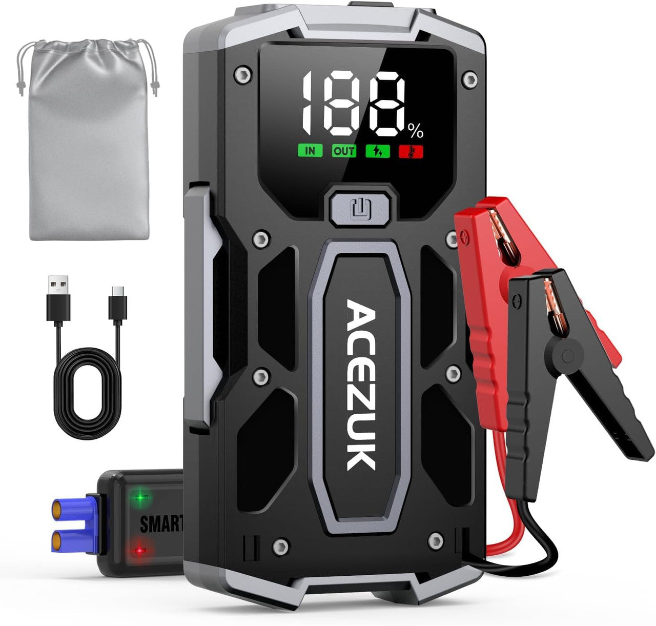ACEZUK 5000 A Jump Starter Power Bank 12 V (up to 7.0 L Petrol or 5.5 L Diesel) Car Jump Starter with LED Torch, Large Screen, Jumper Screen, Car Battery Booster for SUV Motorcycle Lawn Mower