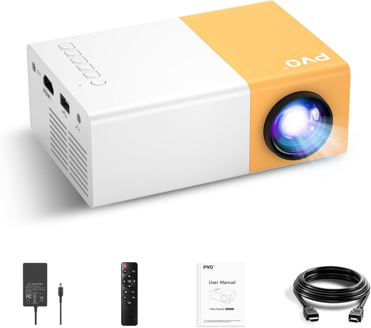 PVO Mini Projector Portable for Cartoon, Outdoor Video Projectors, LED Pico Movie Projectors for Home Theater, Kids Gift, Smartphone Can Directly Mirror to The Projector via Data Cable