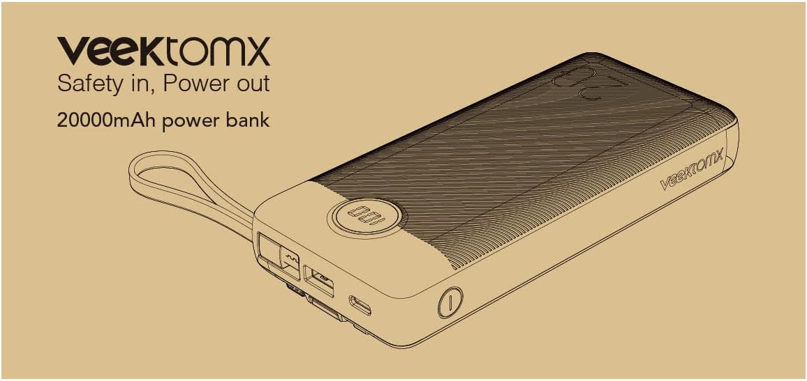 VEEKTOMX Power Bank with Built-in Cables, 20000mAh USB C Portable Charger with 5 Outputs & 2 Inputs and LED Display, External Battery Bank for iPhone 14 13 12/ iPad/Samsung S22/21/20 (20000mAh-Black)
